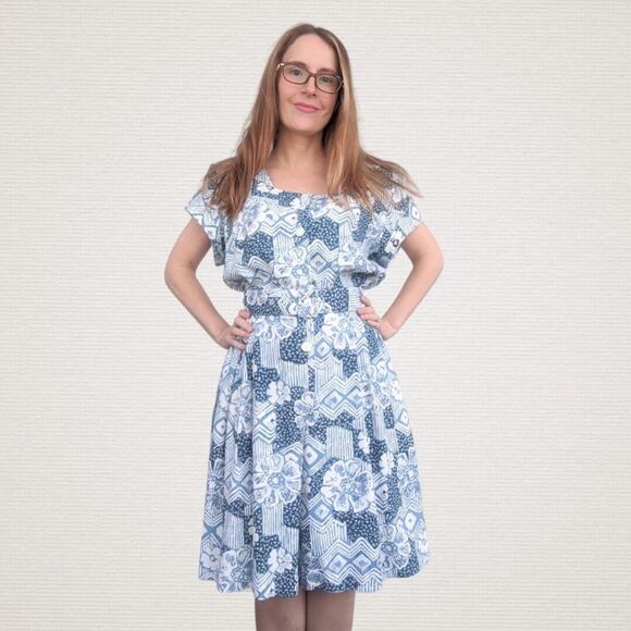 Vintage 80s Summer Print Romper White Blue Dress - Picture 4 of 6